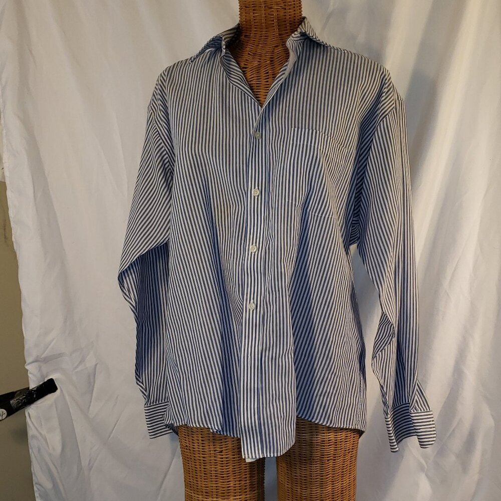 Manhattan Blue and White Striped Button Down Shirt, Size 17 34/35